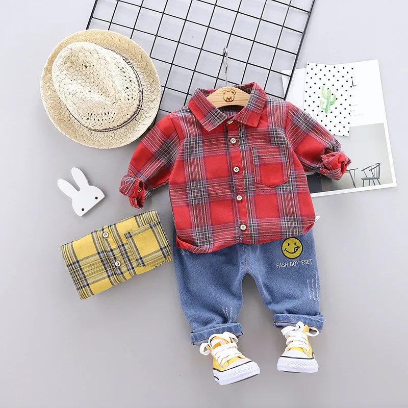 

2019 New Style Autumn Clothing Fashion Korean-style 0-4-Year-Old Baby Smiley Jeans Plaid Shirt Childrenswear