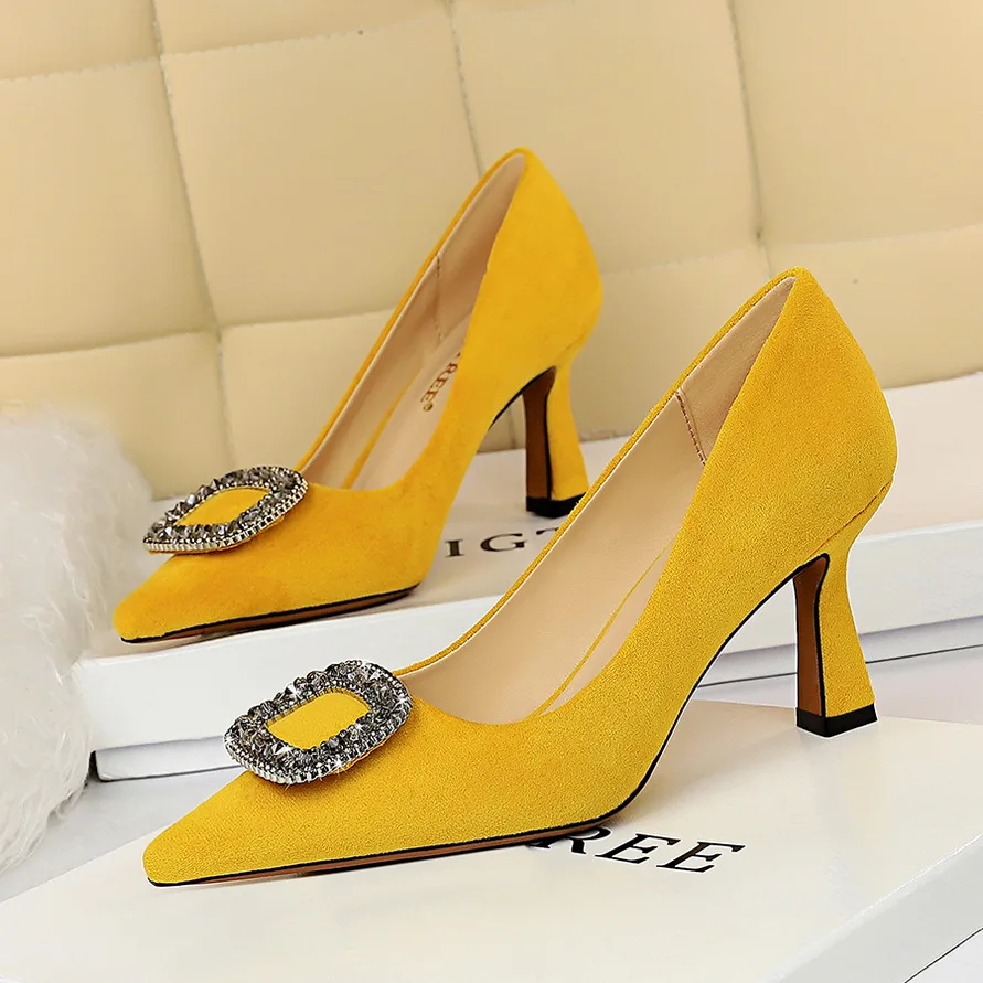 

crystal buckle High Heels shoes Women flock pointed toe pumps fashion Slip on Slides plus size zapatos mujer black khaki yellow