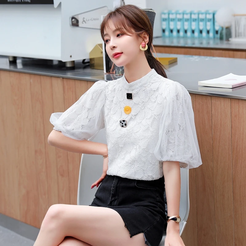 

2020 Summer New Lace Top Little Fairy Short Sleeve Sweet Temperament High-end Chiffon Shirt Blouse Women