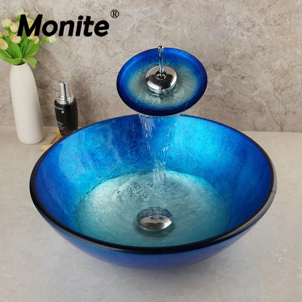 Monite Blue Artist набор из закаленного стекла для ванной комнаты дизайнерский сосуд