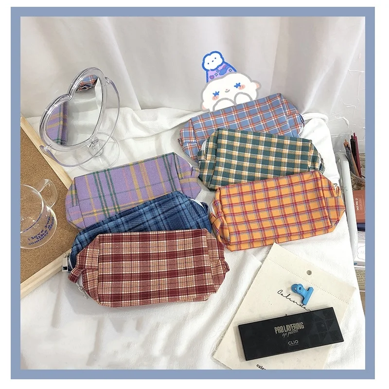 

Vintage Pattern Pencil Bag Pen Case INS Color Check Lattice Grid Fold Storage Pouch for Stationery Make up Travel School F136