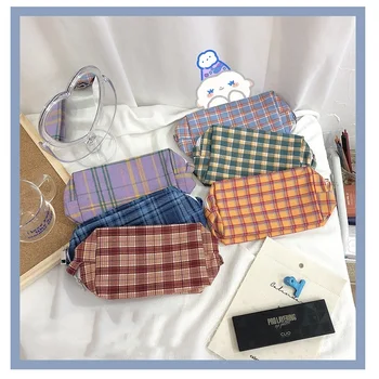 

Vintage Pattern Pencil Bag Pen Case INS Color Check Lattice Grid Fold Storage Pouch for Stationery Make up Travel School F136