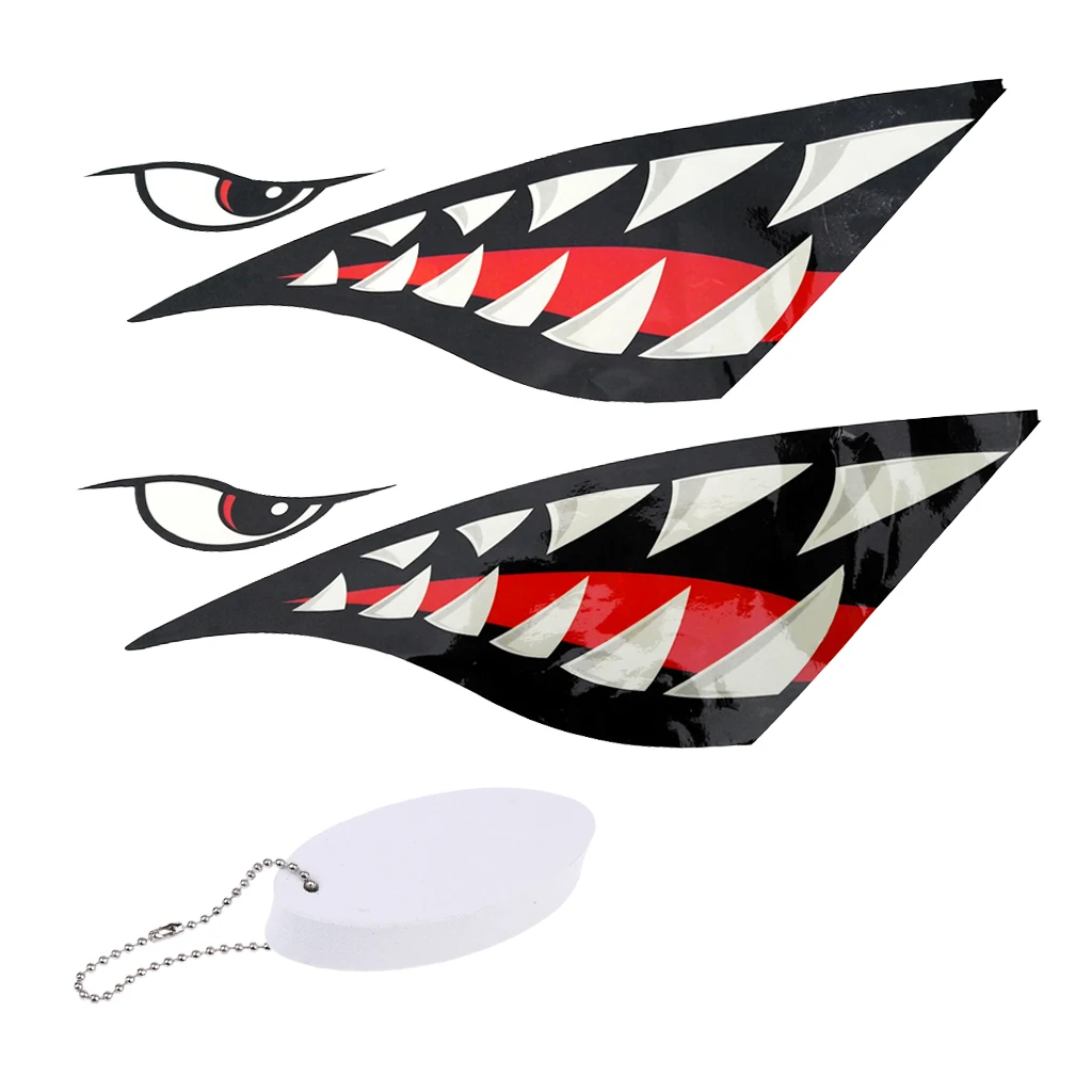 2x Shark Tooth Vinyl Decals Stickers Kayak Jet Ski + White Surfboard Shaped Floating Key Chain