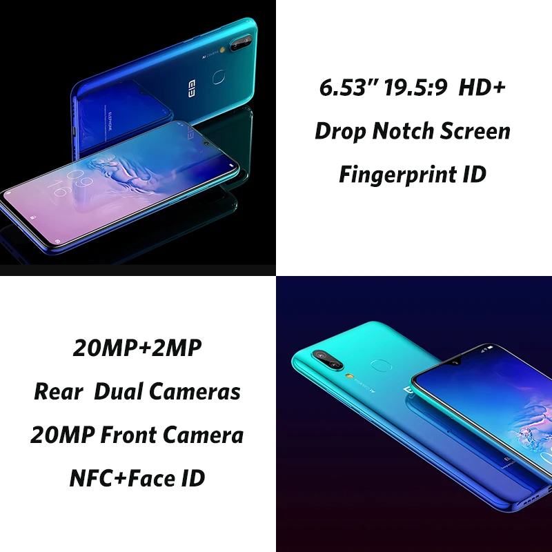 Elephone A6 MAX 6,53 ''Android 9,0 4 Гб 64 Гб MT6762V, смартфон, четыре ядра, 20MP отпечатков пальцев 5 V/2A 3400 мА/ч, 4G, OTG NFC мобильного телефона