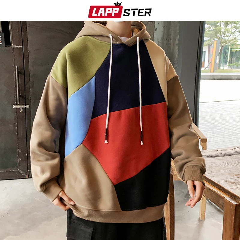 LAPPSTER Men Fleece Patchwork Hooded Hoodies Mens Japanese Streetwear Sweatshirts Korean Harajuku Winter Hip Hop Clothing