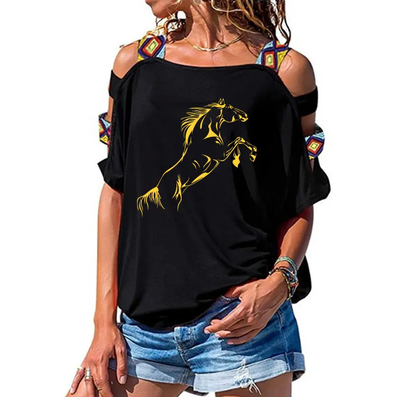 Новинка, забавная футболка с бегущей лошадкой, Женская свободная хлопковая футболка с коротким рукавом, женские футболки, модные футболки с открытыми плечами