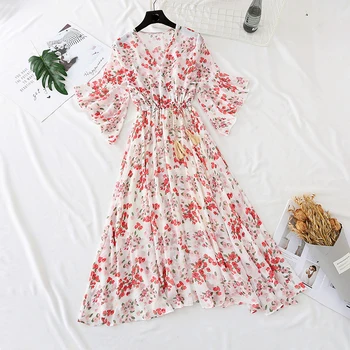 

2020 Summer Women Short-sleeved Chiffon Dress V-neck High Waist fashion Floral Print Beach Bow Dresses Vestidos