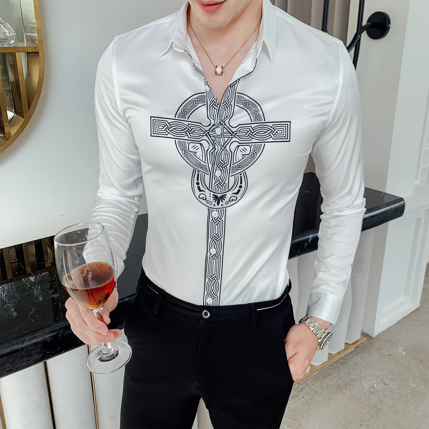 

Camisa Homem Prom Camisa Masculina 2019 Autumn Flower Shirt Cross Printing Camisa Manga Longa Masculina Shirt Men DJ Singer