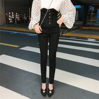 

New fall 2019 jeans button fittin small foot pencil black elastic women's high waist black jeans
