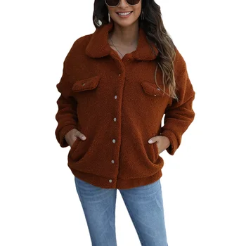 

Women Button Down Fuzzy Jackets, Winter Warm Fluffy Fleece Long Sleeve Lapel Coat with Pockets