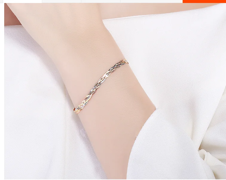 Real 18K Multi-tone Solid Gold Chain For Women Shine Rope Weave Bracelet 7.1''L Gift