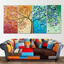 Arte de pared nórdico abstracto de árbol colorido, carteles de pintura Multicolor para decoración de sala de estar, 4 paneles