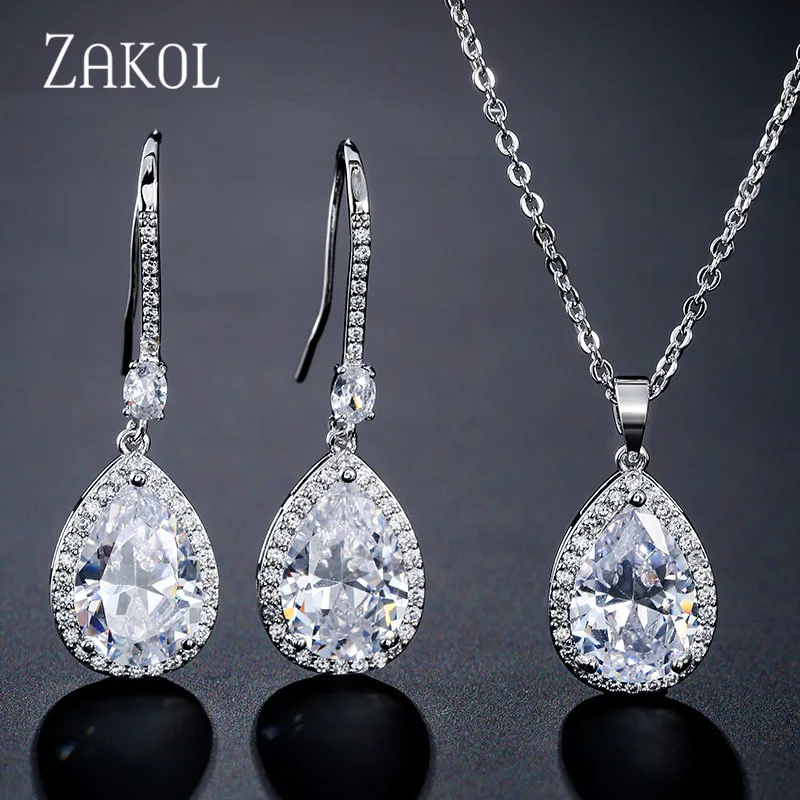 

ZAKOL Classic Clear Cubic Zirconia Drop Earrings Bracelet Pendant Set Jewelry for Bridal Wedding Dress Accessories FSSP3075