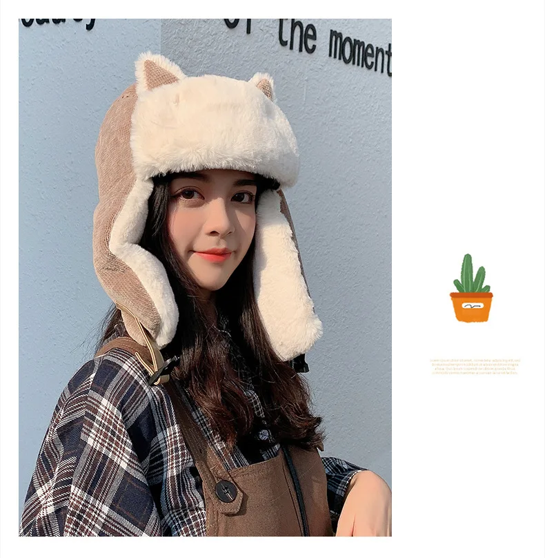 white camo bomber hat Cat Ears Bomber Hat Female Adult Korean Lovely Autumn Girl Winter Riding Windproof Baby Coldproof Cotton Children Lei Feng Hat best men's bomber hats