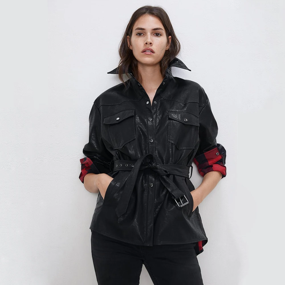 

ZA 2019 Autumn Women Black Cool Coats Lady PU Leather Jackets Covered Button Sweet Female Faux Femme Outwear Jacket Coat Gothic