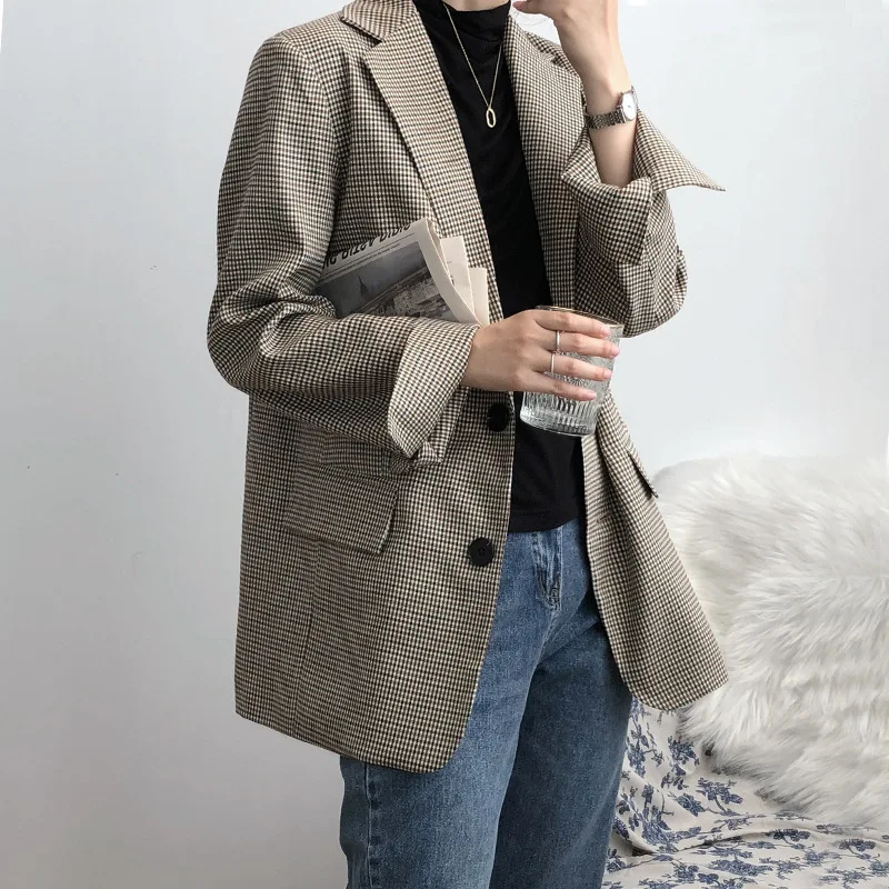 

Mooirue Spring Female Blazer Jacket Houndstooth Single Breasted Padded Suit Loose Casual Cardigan Feminino Overcoat
