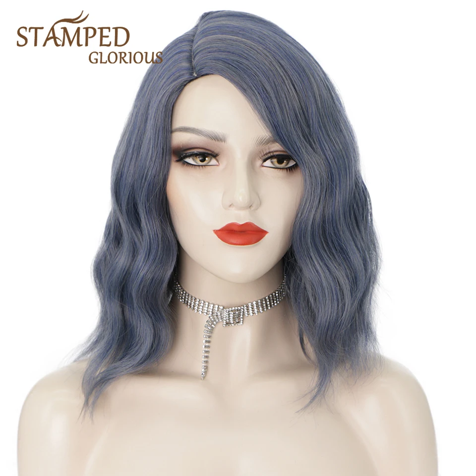 

Stamped Glorious 14inches Short Nature Wave Wig Side Part Blue Synthetic Wigs for Black Women Heat Resistant Fiber Cosplay Wig