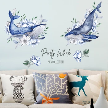 

Romantic Couple Flowers Pretty Whale Wall Stickers Sea Collection Home Decor Living Room Background Decoration Removable Decals