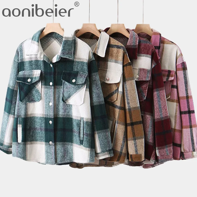 Aonibeier Толстая клетчатая блузка офисные женские свободные рубашки отложной