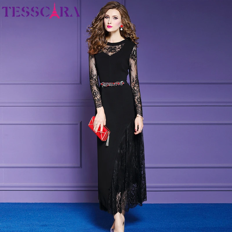 

TESSCARA Women Autumn Elegant Lace Dress Female Long Maxi Party Robe Femme Vintage Designer High Quality Vestidos Plus Size
