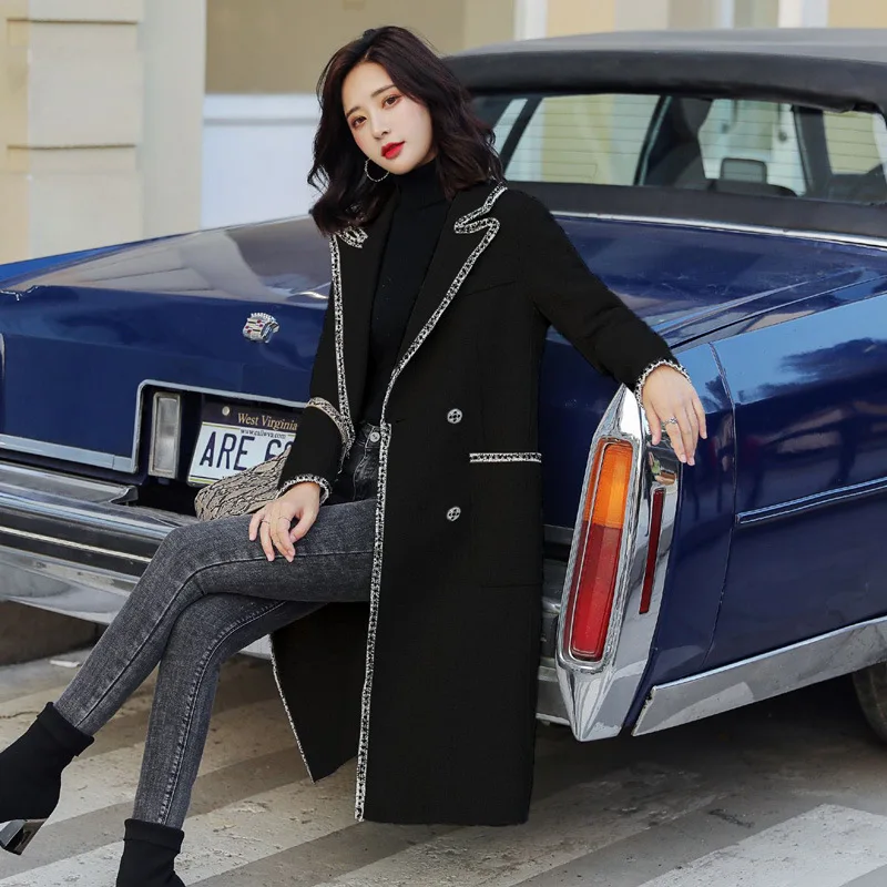 

2019 Winter Woolen Jacket Mid-length Elegant Double Breasted Suit Collar-Style