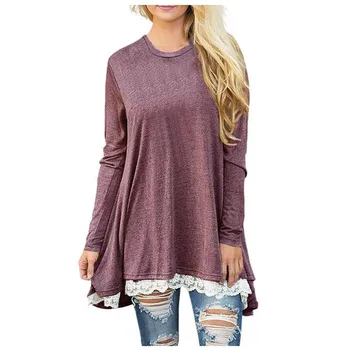 

Women's Plus Size Blouse New Sexy Long Sleeve O-neck Lace Hem Patchwork Pullover Spring Fashion Casual Loose Shirt Tops YL5