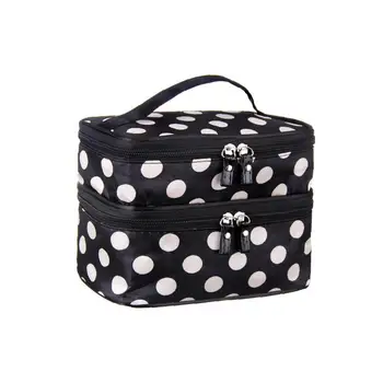 

Double Layer Cosmetic Bag Black with White Dot Travel Toiletry Cosmetic Makeup Bag Organizer With Mirror