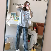 

Mickey Mouse Pajamas Buttons Women Kawaii Short Sleeve T Shirt Trousers Disney Cartoon Ladies Loose Home Service Suit Summer