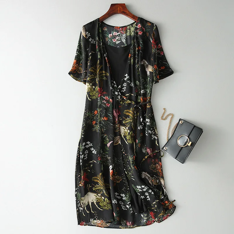

Real Silk Dress Women Summer Beach Dresses Female Elegant Floral Mid Vestidos Ladies Vintage Evening Party Dresses S085