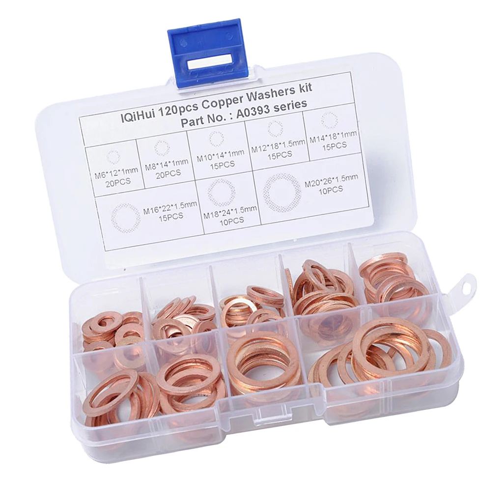120 Pieces 8 Sizes Assorted Solid Copper Crush Washers Seal Flat Ring with Case