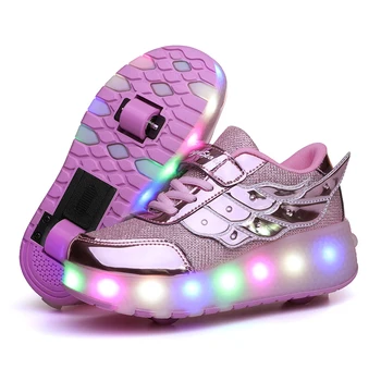 

Angel Wing Kids Girls Skate Shoes USB Charge LED Flashing Lamp Summer Mesh Children Outdoor 2 Wheels Street Roller Skates