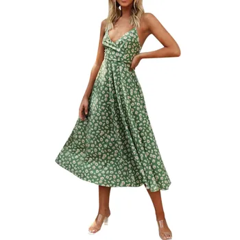 

sexy dress for Womens Casual Sleeveless Floral Print V Neck Split Ruffle Beach Dress платье женское robe party dresswear elegnat