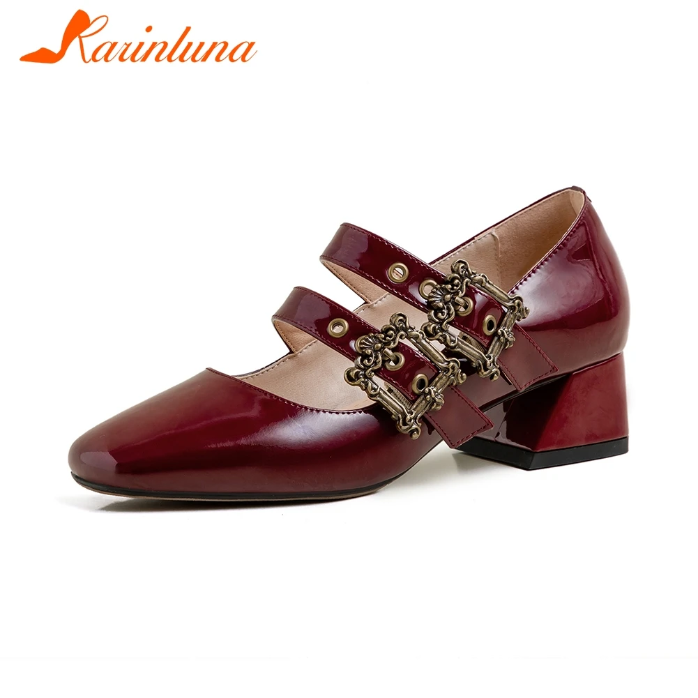 

KARINLUNA Big Size 33-40 New Fashion Genuine Leather Lady Spring Retro Pumps Buckle Belt Pumps Women Square Toe Shoes Woman