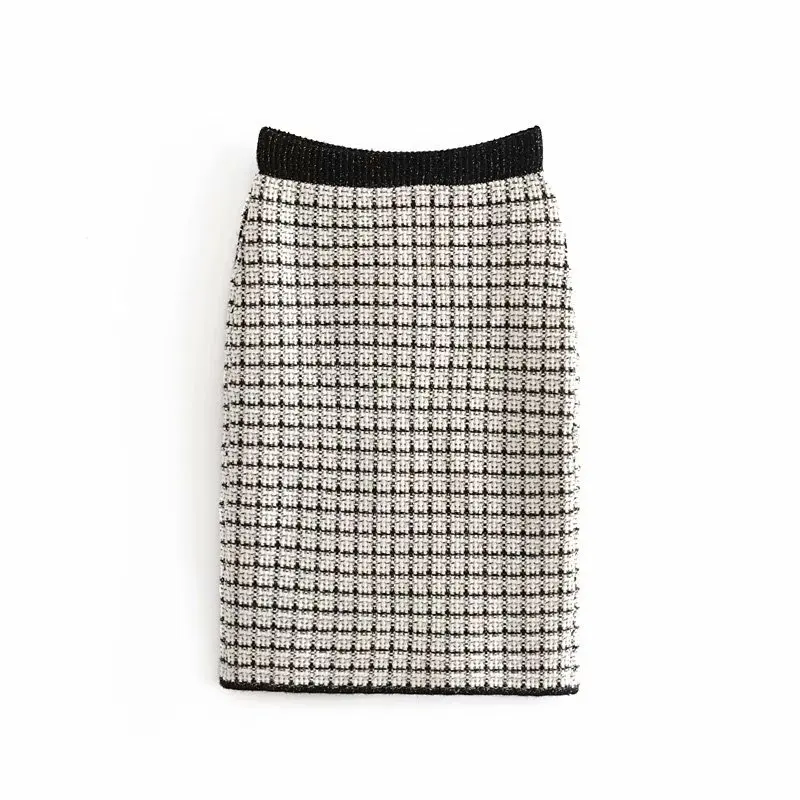 OMIKRON Женская облегающая трикотажная юбка с разрезом Осенняя юбка с высокой талией юбки-карандаш до колена женские зимние Элегантные вязаные клетчатые брюки