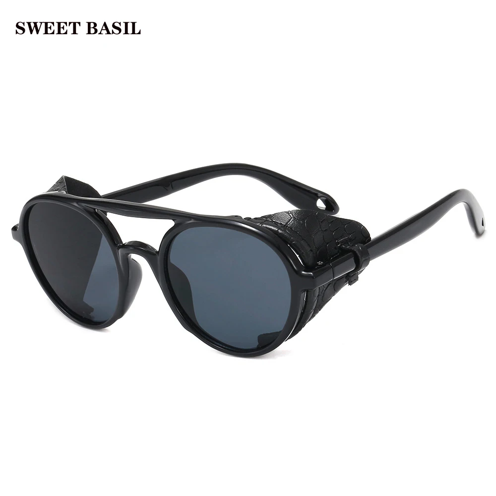 

SWEET BASIL Women Fashion SteamPunk Style Round Sunglasses Cool Leather Side Shield Brand Design Sun Glasses Oculos De Sol