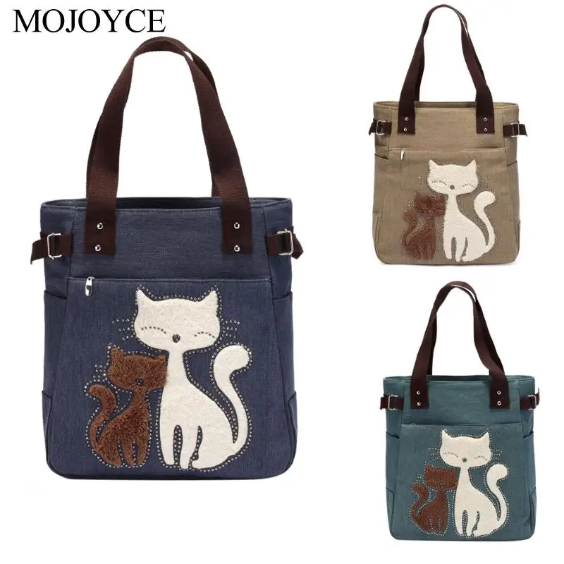 

Hot Lovely Cute Cat Canvas Handbag for Girls Ladies Large Capacity Casual Bag Women Portable Solid Zipper Shoulder Bag Bolsos