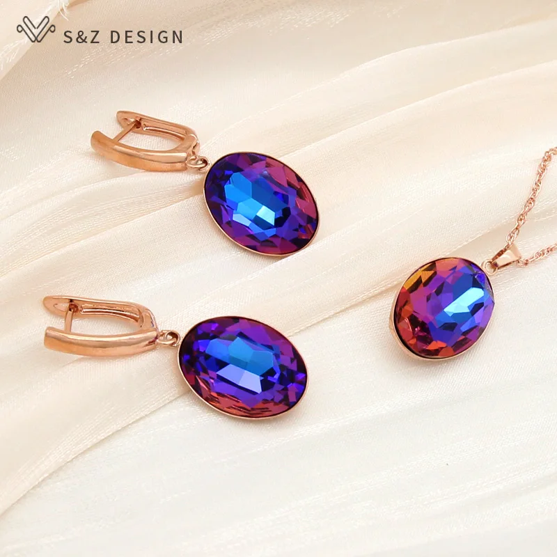 S&Z DESIGN New Luxury Colorful Oval Egg Shape Crystal Dangle Earrings Pendant Necklace Jewelry Sets For Women Wedding Jewelry