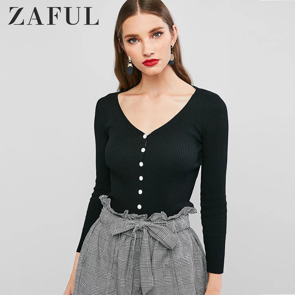 ZAFUL, ребристый, на пуговицах, тонкий, погружающийся кардиган,, осенний, теплый, облегающий, с низким вырезом, свитер для женщин, однотонный, длинный рукав, женский кардиган