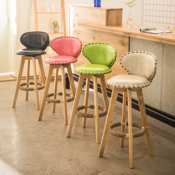 

Bar Chair Solid Wood Bar Chair Front Chair Modern Simple Milk Tea Shop High Stand Household Rotary Creative Bar Chair