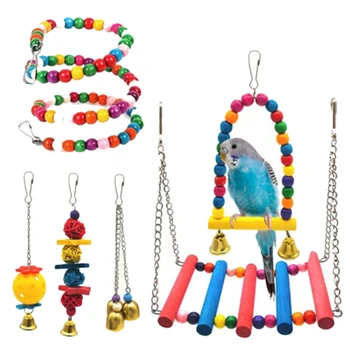 

HOT-6 Pcs Set Bird Toys Bird Swing Parrot Bed Ladder Hammock Macaws Bite Parakeets Bell Lovebirds Rattan Perch Finches Toys Pend