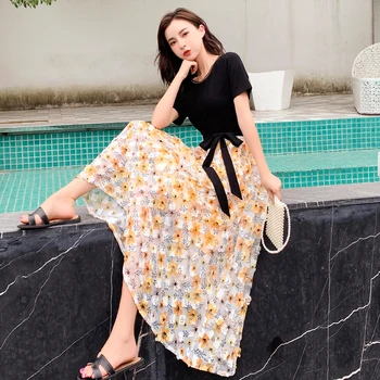 

COIGARSAM Print Chiffon Short Sleeve Women dress New Summer High Waist Dresses Blue Yellow 8808