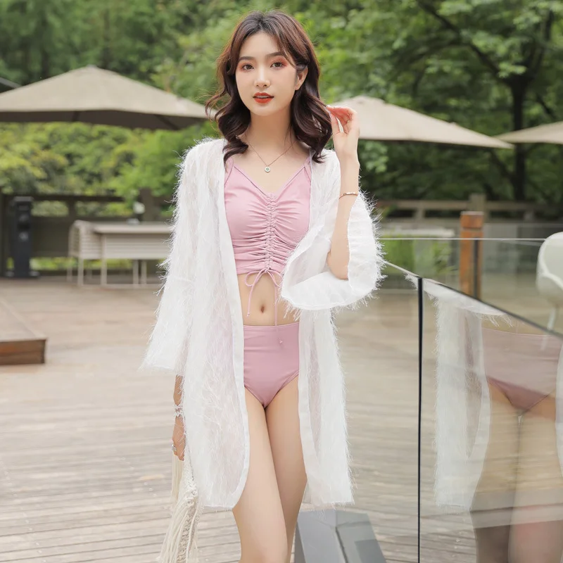 

South Korea Bathing Suit Women's Three-piece Set Graceful Bikini Split Skirt-Conservative Small Bust Gathering Bubble Hot Spring