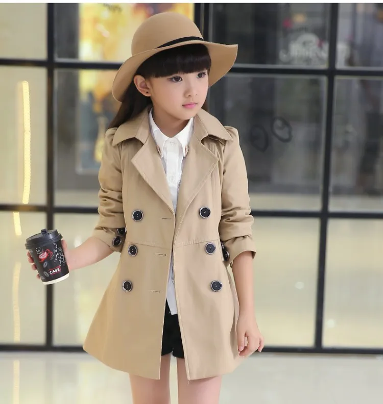 

2019 Spring New Style Girls Casual Coat Big Boy Solid Color Double Breasted Fold-down Collar Trench Coat Fashion