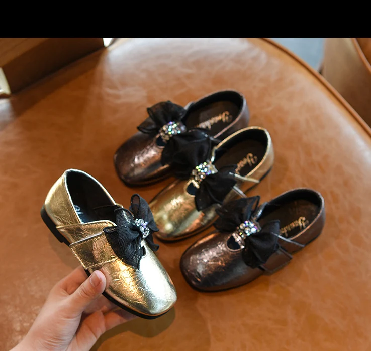 Bakkotie New Kids Autumn Girls Pu Leather Shoes Baby Fashion Lace Bowtie Mary Jane Flats Children Gold Sweet Dress Shoes