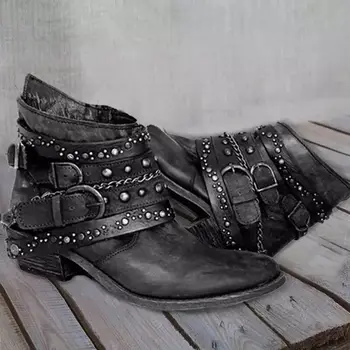 

2020 Autumn and New Winter Boots Women Rivet Chain Ankle Boots Retro Design Thickening Rome Motorcycle Boots Botas De Mujer