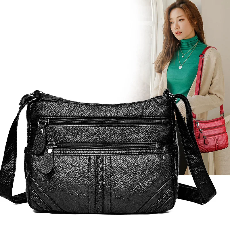 

2019 New Style Shoulder Bag Washed Leather Soft Leather Shoulder Women's Bag Multi-Compartment Middle-aged Versatile Women's