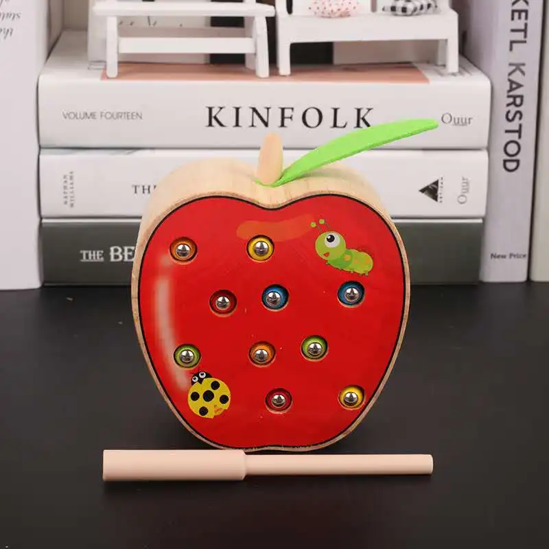 Hot Sale Baby Wooden Toys 3D Puzzle Early Childhood Educational Toys Catch Worm Game Color Cognitive Magnetic Strawberry Apple 25