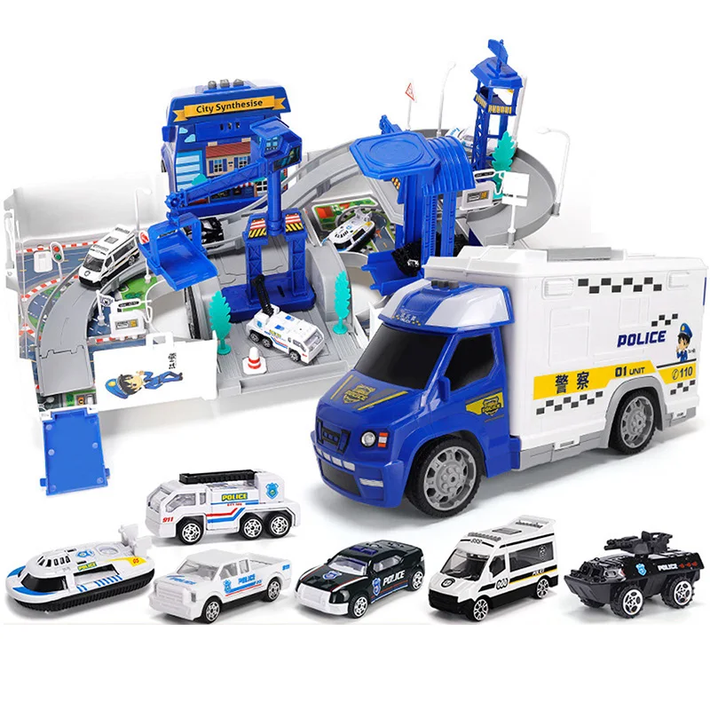 2In1 Railway Racing Tracks Electric Car Toys Parking Lot with Light Music Assemble Container Truck Track Toys for Boys Gift