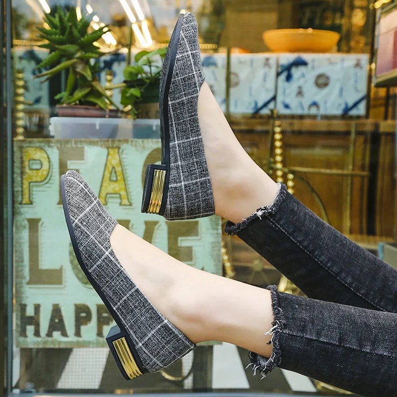 

2019 Autumn New Style Pointed-Toe Low Heel Flat Top Shoes Rip Stop Shallow Mouth Single Shoes Sweet WOMEN'S Shoes Fashion