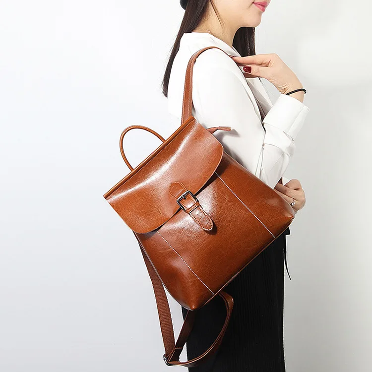 

2019 Spring And Summer New Style Korean-style Oil Wax WOMEN'S Cow Leather Bag Backpack Simple Large Capacity Travel Bag College